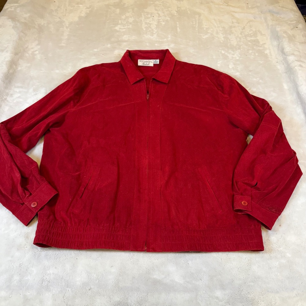 St. Croix Knits Red Faux Suede Full Zip Jacket Mens XL Made in USA Vintage Style
